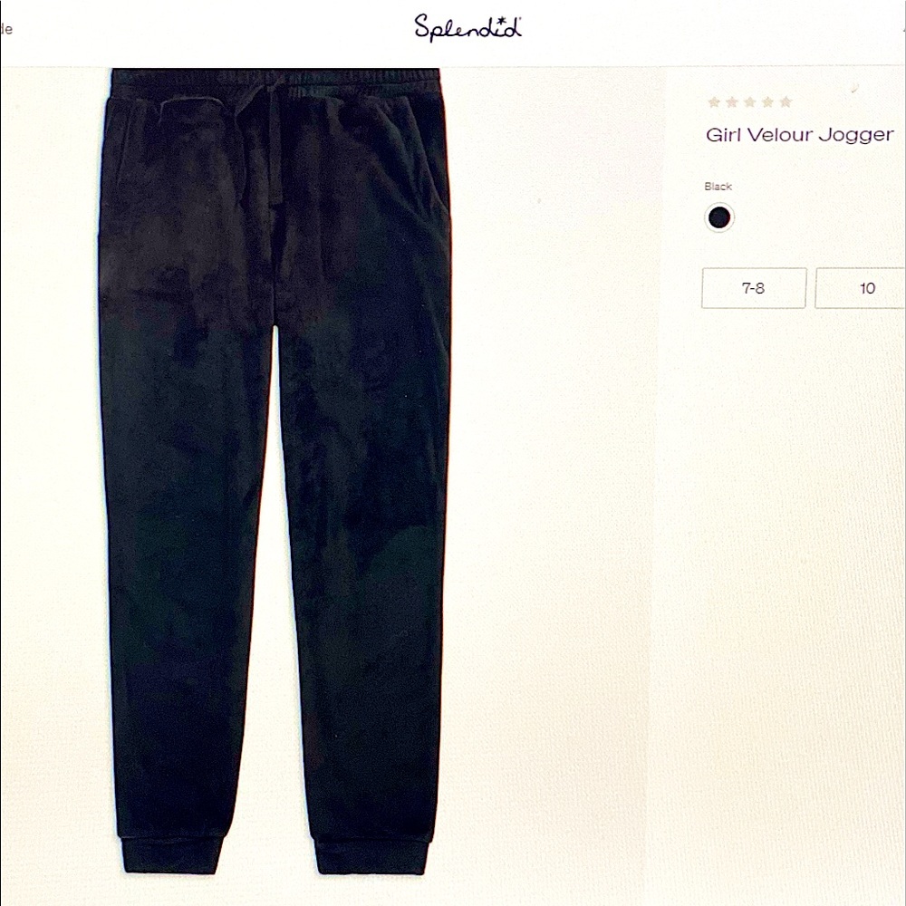NWT Splendid Girls Velour jogger sweatpants Black Size 10